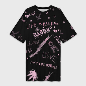Платье-футболка 3D с принтом LIL PEEP   Life Is Beautiful ,  |  | beautiful | broken | daddy | dead | exclusive | heart | life | lil | lilpeep | music | peep | pump | rap | rapper | rip | tattoo | густав | лил | лилпип | мертв | память | пип | рип | рэп | рэпер | сердечко | сердце | тату | умер