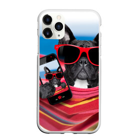 Чехол для iPhone 11 Pro Max матовый с принтом бульдог , Силикон |  | Тематика изображения на принте: бульдог | отдых | очки | собака | телефон | черная собака
