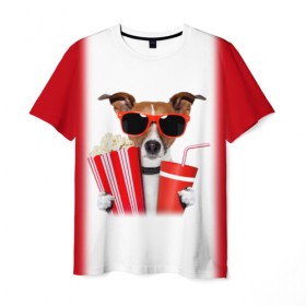 Мужская футболка 3D с принтом собака-киноман , 100% полиэфир | прямой крой, круглый вырез горловины, длина до линии бедер | кино | отдых | очки | попкорн | собака | телефон | терьер