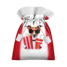 Подарочный 3D мешок с принтом собака-киноман , 100% полиэстер | Размер: 29*39 см | Тематика изображения на принте: кино | отдых | очки | попкорн | собака | телефон | терьер