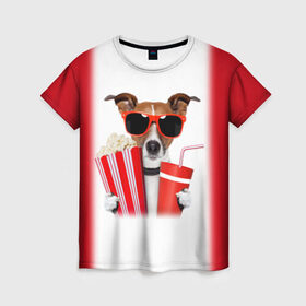 Женская футболка 3D с принтом собака-киноман , 100% полиэфир ( синтетическое хлопкоподобное полотно) | прямой крой, круглый вырез горловины, длина до линии бедер | кино | отдых | очки | попкорн | собака | телефон | терьер