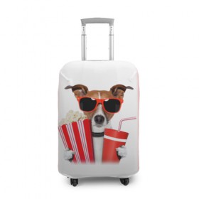Чехол для чемодана 3D с принтом собака-киноман , 86% полиэфир, 14% спандекс | двустороннее нанесение принта, прорези для ручек и колес | кино | отдых | очки | попкорн | собака | телефон | терьер