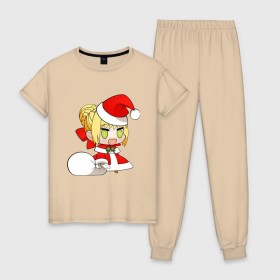 Женская пижама хлопок с принтом Сэйбер , 100% хлопок | брюки и футболка прямого кроя, без карманов, на брюках мягкая резинка на поясе и по низу штанин | anime | chibi | fate stay night | padoru padoru | saber | аниме | новый год | рождество | сэйбер