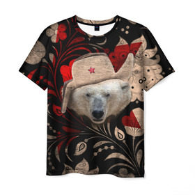 Мужская футболка 3D с принтом Медведь в ушанке , 100% полиэфир | прямой крой, круглый вырез горловины, длина до линии бедер | звезда | мишка | патриот | роспись | русский | русь | сибирь | ссср | хохлома | шапка