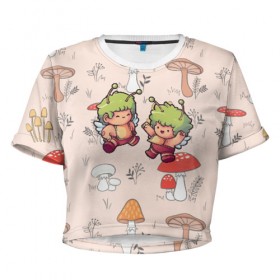 Женская футболка 3D укороченная с принтом Грибные человечки , 100% полиэстер | круглая горловина, длина футболки до линии талии, рукава с отворотами | mashrooms | в стиле марио | волшебные грибы | гриб | грибной узор | грибочки | девочка с грибом | красный гриб | мир грибов | паттерн грибы | поганки | психоделика | психоз