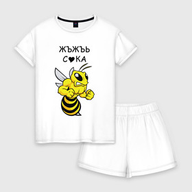 Женская пижама с шортиками хлопок с принтом ЪЖЪЖЪ , 100% хлопок | футболка прямого кроя, шорты свободные с широкой мягкой резинкой | angry | bee | meme | жало | злой | зубы | крылья | мем | мемы | надпись | оса | пчела | шмель