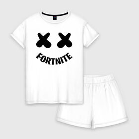 Женская пижама с шортиками хлопок с принтом FORTNITE x MARSHMELLO , 100% хлопок | футболка прямого кроя, шорты свободные с широкой мягкой резинкой | 2019 | armor | armour | cybersport | esport | fortnite | game | llama | logo | броня | игра | киберспорт | лама | фиолетовый | фирменные цвета | фортнайт