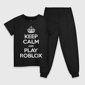Детская пижама хлопок с принтом Keep Calm and Play Roblox , 100% хлопок |  брюки и футболка прямого кроя, без карманов, на брюках мягкая резинка на поясе и по низу штанин
 | Тематика изображения на принте: game | keep calm | logo | play roblox | roblox | детский | замолчи | заткнись | играй | кип калм | лого | логотип | надпись | ребенку | ребенок | роблокс