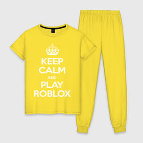 Женская пижама хлопок с принтом Keep Calm and Play Roblox , 100% хлопок | брюки и футболка прямого кроя, без карманов, на брюках мягкая резинка на поясе и по низу штанин | game | keep calm | logo | play roblox | roblox | детский | замолчи | заткнись | играй | кип калм | лого | логотип | надпись | ребенку | ребенок | роблокс