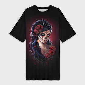Платье-футболка 3D с принтом Muertos   День Мертвых ,  |  | dead | girl | girls | metal | muertos | rap | rock | skeleton | skull | девукша | день | зомби | мексика | мертвецы | мертвых | метал | музыка | рок | рэп | скелет | тату | череп