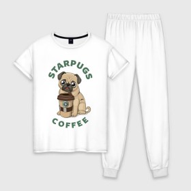 Женская пижама хлопок с принтом Мопс с Кофе (Пародия) , 100% хлопок | брюки и футболка прямого кроя, без карманов, на брюках мягкая резинка на поясе и по низу штанин | coffee | pug | кофе | мопс | собака | собаки