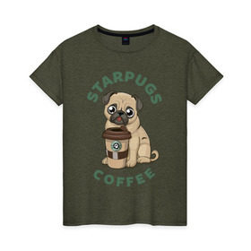 Женская футболка хлопок с принтом Мопс с Кофе (Пародия) , 100% хлопок | прямой крой, круглый вырез горловины, длина до линии бедер, слегка спущенное плечо | coffee | pug | кофе | мопс | собака | собаки