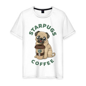 Мужская футболка хлопок с принтом Мопс с Кофе (Пародия) , 100% хлопок | прямой крой, круглый вырез горловины, длина до линии бедер, слегка спущенное плечо. | coffee | pug | кофе | мопс | собака | собаки