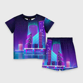 Детский костюм с шортами 3D с принтом Neon Nights ,  |  | Тематика изображения на принте: city | neon синтвейв | retrowave | synthwave | горо | неон | ночь | ретровейв