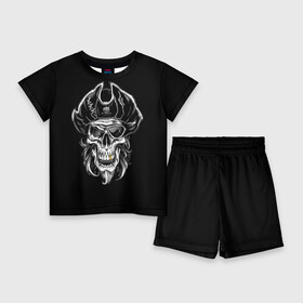 Детский костюм с шортами 3D с принтом Пиратский череп ,  |  | Тематика изображения на принте: dead | demon | devil | executioner | metal | pirat | punisher | rap | rock | satan | sea | skull | swag | каратель | метал | море | океан | палач | пират | рок | скелет | череп