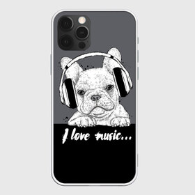 Чехол для iPhone 12 Pro Max с принтом I love music… , Силикон |  | animal | black | breed | dog | drawing | fon | graphics | gray | head | headphones | i | inscription | look | love | music | muzzle | text | взгляд | голова | графика | животное | люблю | музыка | надпись | наушники | порода | рисунок | серый | со