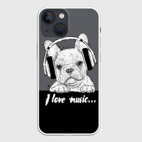 Чехол для iPhone 13 mini с принтом I love music… ,  |  | animal | black | breed | dog | drawing | fon | graphics | gray | head | headphones | i | inscription | look | love | music | muzzle | text | взгляд | голова | графика | животное | люблю | музыка | надпись | наушники | порода | рисунок | серый | со