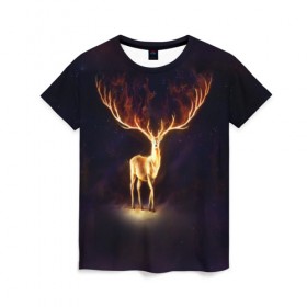 Женская футболка 3D с принтом Огненный олень , 100% полиэфир ( синтетическое хлопкоподобное полотно) | прямой крой, круглый вырез горловины, длина до линии бедер | Тематика изображения на принте: deer | fire | flame | horns | огонь | пламя | рога