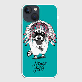 Чехол для iPhone 13 mini с принтом Brave and free ,  |  | animal | background | brave | chief | drawing | feathers | free | graphics | green | indian | look | mohawk | raccoon | wild | взгляд | вождь | графика | дикий | енот | животное | зелёный | индеец | ирокез | любовь | надпись | перья | рисунок | свободный 