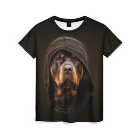 Женская футболка 3D с принтом Ротвейлер в капюшоне , 100% полиэфир ( синтетическое хлопкоподобное полотно) | прямой крой, круглый вырез горловины, длина до линии бедер | rottweiler | капюшон | молоссы | пастух | пёс | собака | щенок