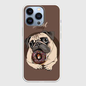 Чехол для iPhone 13 Pro с принтом Donut party ,  |  | Тематика изображения на принте: animal | baking | breed | chocolate | dog | donut | dr | eating | homemade | looking | party | pug | sweetness | вечеринка | выпечка | графика | домашнее | животное | картинка | кушает | мопс | надпись | пончик | порода | рисунок | сладость