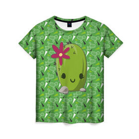 Женская футболка 3D с принтом Милый кактус , 100% полиэфир ( синтетическое хлопкоподобное полотно) | прямой крой, круглый вырез горловины, длина до линии бедер | веселый кактус | зеленый | иголки | кактусы | колючий | летний | лето | настроение | прикольный | радостный | счастье | цветок | цветы | эмоции