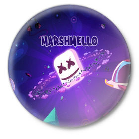 Значок с принтом Marshmello ,  металл | круглая форма, металлическая застежка в виде булавки | alone | beautiful now | disc | dj | jockey | marshmallow | американский | диджей | дискотека | маршмэллоу | продюсер