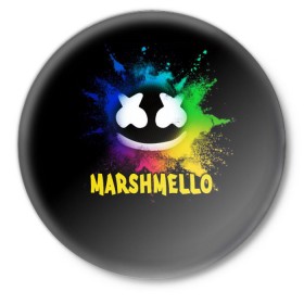 Значок с принтом Marshmello ,  металл | круглая форма, металлическая застежка в виде булавки | alone | beautiful now | disc | dj | jockey | marshmallow | американский | диджей | дискотека | маршмэллоу | продюсер