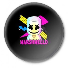 Значок с принтом Marshmello ,  металл | круглая форма, металлическая застежка в виде булавки | alone | beautiful now | disc | dj | jockey | marshmallow | американский | диджей | дискотека | маршмэллоу | продюсер