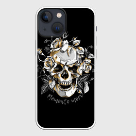 Чехол для iPhone 13 mini с принтом Memento mori ,  |  | blac | death | drawing | flowers | graphics | head | ornament | patterns | remember | roses | skeleton | skull | symbol | голова | графика | надпись | орнамент | помни | рисунок | розы | символ | скелет | текст | узоры | фон | цветы | череп | чер