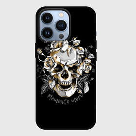 Чехол для iPhone 13 Pro с принтом Memento mori ,  |  | Тематика изображения на принте: blac | death | drawing | flowers | graphics | head | ornament | patterns | remember | roses | skeleton | skull | symbol | голова | графика | надпись | орнамент | помни | рисунок | розы | символ | скелет | текст | узоры | фон | цветы | череп | чер