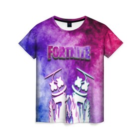 Женская футболка 3D с принтом Fortnite & Marshmello (Color). , 100% полиэфир ( синтетическое хлопкоподобное полотно) | прямой крой, круглый вырез горловины, длина до линии бедер | Тематика изображения на принте: color | fortnite | fortnite 2 | fortnite x | geometry | marshmello | ninja | streamer | texture | абстракция | геометрия | дизайн | дым | игра | красочный дым | маршмелло | ниндзя | радуга | силуэт | стиль | текстура | улыбка | 