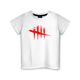Детская футболка хлопок с принтом DEAD BY DAYLIGHT , 100% хлопок | круглый вырез горловины, полуприлегающий силуэт, длина до линии бедер | blood | dead by daylight | game | horror | logo | red | игра | кости | кровь | лого | ужасы | хоррор | череп