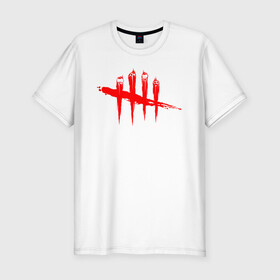 Мужская футболка хлопок Slim с принтом DEAD BY DAYLIGHT , 92% хлопок, 8% лайкра | приталенный силуэт, круглый вырез ворота, длина до линии бедра, короткий рукав | blood | dead by daylight | game | horror | logo | red | игра | кости | кровь | лого | ужасы | хоррор | череп