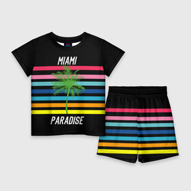 Детский костюм с шортами 3D с принтом Miami Paradise ,  |  | america | city | colorful | drawing | grap | miami | palm tree | paradise | recreation | resort | stripes | tree | usa | world | америка | город | графика | дерево | курорт | майами | мировой | надпись | отдых | пальма | полосы | разноцветные | рай | рису