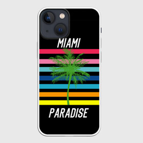 Чехол для iPhone 13 mini с принтом Miami Paradise ,  |  | america | city | colorful | drawing | grap | miami | palm tree | paradise | recreation | resort | stripes | tree | usa | world | америка | город | графика | дерево | курорт | майами | мировой | надпись | отдых | пальма | полосы | разноцветные | рай | рису
