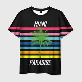 Мужская футболка 3D с принтом Miami Paradise , 100% полиэфир | прямой крой, круглый вырез горловины, длина до линии бедер | america | city | colorful | drawing | grap | miami | palm tree | paradise | recreation | resort | stripes | tree | usa | world | америка | город | графика | дерево | курорт | майами | мировой | надпись | отдых | пальма | полосы | разноцветные | рай | рису