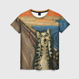 Женская футболка 3D с принтом Крик котика , 100% полиэфир ( синтетическое хлопкоподобное полотно) | прямой крой, круглый вырез горловины, длина до линии бедер | Тематика изображения на принте: cat | картина | кот | котик | котики | коты | котэ | кошак | крик | мем | приколы
