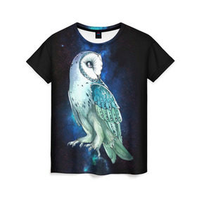 Женская футболка 3D с принтом космическая сова , 100% полиэфир ( синтетическое хлопкоподобное полотно) | прямой крой, круглый вырез горловины, длина до линии бедер | owl | галактика | звезды | космос | млечный путь | ночь | птица | сова | филин