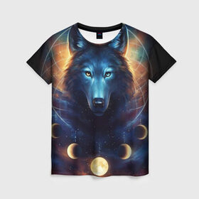 Женская футболка 3D с принтом волк , 100% полиэфир ( синтетическое хлопкоподобное полотно) | прямой крой, круглый вырез горловины, длина до линии бедер | wolf | волк | галактика | звезды | койот | космос | луна | ночь | собака