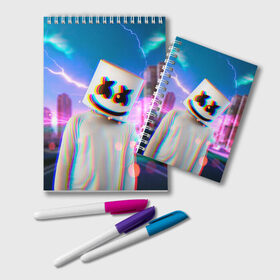 Блокнот с принтом Marshmello Glitch , 100% бумага | 48 листов, плотность листов — 60 г/м2, плотность картонной обложки — 250 г/м2. Листы скреплены удобной пружинной спиралью. Цвет линий — светло-серый
 | christopher | comstock | dj | dotcom | fortnite | friends | glitch | marshmallow | marshmello | usa | глитч | диджей | друзья | зефир | комсток | крис | мармелад | маршмэллоу | молнии | музыка | продюсер | сша | фортнайт | хаус | электро