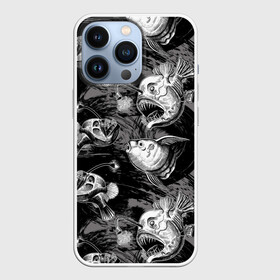 Чехол для iPhone 13 Pro с принтом Глубоководные рыбы ,  |  | dark | deep sea | depth | fish | ocean | predators | water | вода | глубина | глубоководные | графика | длинные | древние | жизни | зубы | иллюстрация | искусство | мода | океан | острые | рисунок | рыбы | свет | стиль | текст