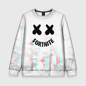 Детский свитшот 3D с принтом FORTNITE x MARSHMELLO , 100% полиэстер | свободная посадка, прямой крой, мягкая тканевая резинка на рукавах и понизу свитшота | 2019 | dj | fortnite | game | glitch | marshmello | usa | америка | глитч | игра | клубная музыка | маршмелло | музыка | музыкант | ф | фортнайт