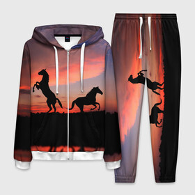 Мужской костюм 3D с принтом Кони на закате , 100% полиэстер | Манжеты и пояс оформлены тканевой резинкой, двухслойный капюшон со шнурком для регулировки, карманы спереди | Тематика изображения на принте: животные | закат | кони | конь | лошади | лошадь | природа