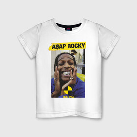 Детская футболка хлопок с принтом A$AP ROCKY , 100% хлопок | круглый вырез горловины, полуприлегающий силуэт, длина до линии бедер | Тематика изображения на принте: aap | asap | mob | rap | rocky | testing | асап | банда | моб | раким | реп | роки | рэп | рэпер | тестинг | эйсап | эсап