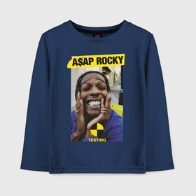 Детский лонгслив хлопок с принтом ASAP ROCKY , 100% хлопок | круглый вырез горловины, полуприлегающий силуэт, длина до линии бедер | Тематика изображения на принте: aap | asap | mob | rap | rocky | testing | асап | банда | моб | раким | реп | роки | рэп | рэпер | тестинг | эйсап | эсап