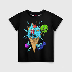 Детская футболка 3D с принтом Мороженое Монстр , 100% гипоаллергенный полиэфир | прямой крой, круглый вырез горловины, длина до линии бедер, чуть спущенное плечо, ткань немного тянется | Тематика изображения на принте: candy | ice cream | marshmallow | monster | monsters | oreo | sweets | zombie | зомби | леденец | леденцы | маршмеллоу | монстр | монстры | мороженое | орео | сладости