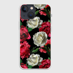 Чехол для iPhone 13 mini с принтом Розы ,  |  | f | flora | flowers | greens | leaves | nature | ornament | patterns | petals | red | roses | style | white | youth | белые | зелень | иллюстрация | красные | лепестки | листья | мода | молодежная | орнамент | природа | розовые | розы | стиль | узоры | фл