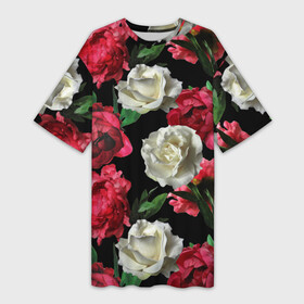 Платье-футболка 3D с принтом Розы ,  |  | f | flora | flowers | greens | leaves | nature | ornament | patterns | petals | red | roses | style | white | youth | белые | зелень | иллюстрация | красные | лепестки | листья | мода | молодежная | орнамент | природа | розовые | розы | стиль | узоры | фл