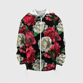 Детская куртка 3D с принтом Розы , 100% полиэстер | застежка — молния, подол и капюшон оформлены резинкой с фиксаторами, по бокам — два кармана без застежек, один потайной карман на груди, плотность верхнего слоя — 90 г/м2; плотность флисового подклада — 260 г/м2 | f | flora | flowers | greens | leaves | nature | ornament | patterns | petals | red | roses | style | white | youth | белые | зелень | иллюстрация | красные | лепестки | листья | мода | молодежная | орнамент | природа | розовые | розы | стиль | узоры | фл